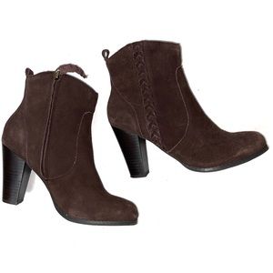 Very Volatile Brown Leather Booties braided heel